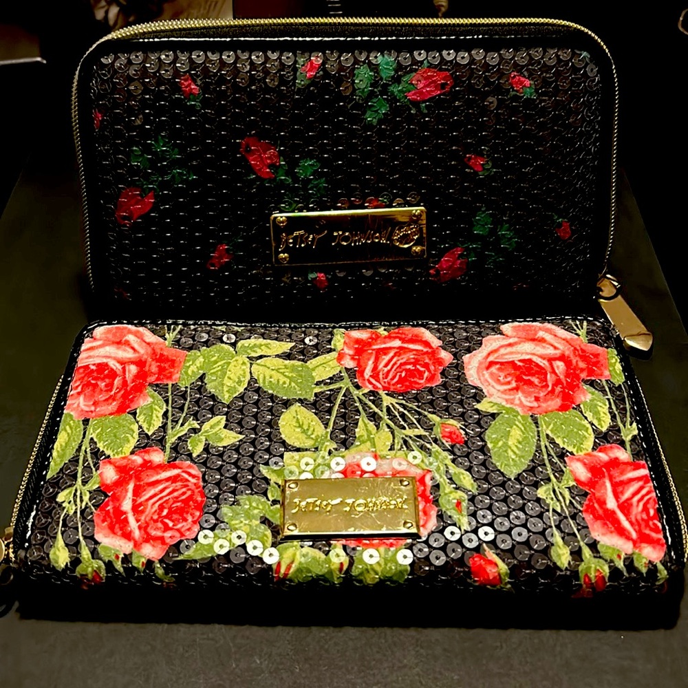 2 Betsey Johnson large zippy iridescent rose & rosebud wallets.